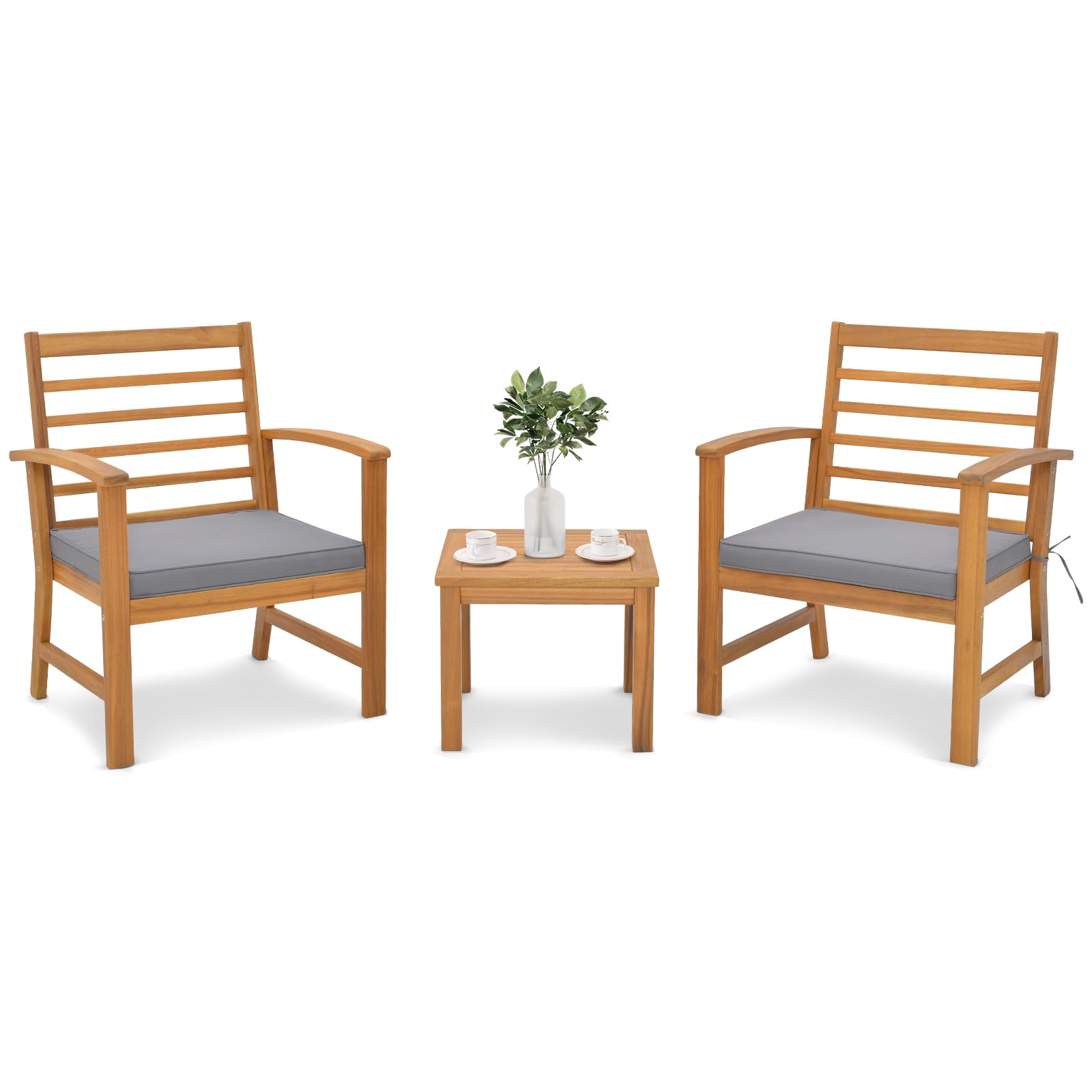 Tangkula 3 Pieces Outdoor Furniture Set, Acacia Wood Conversation Set with Soft Seat Cushions